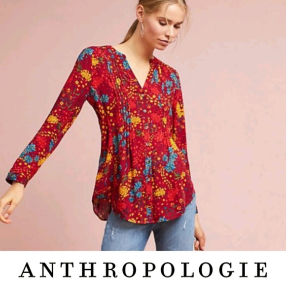 Anthropologie Tops - Anthro Maeve Fall Floral Pintuck Small Button Top